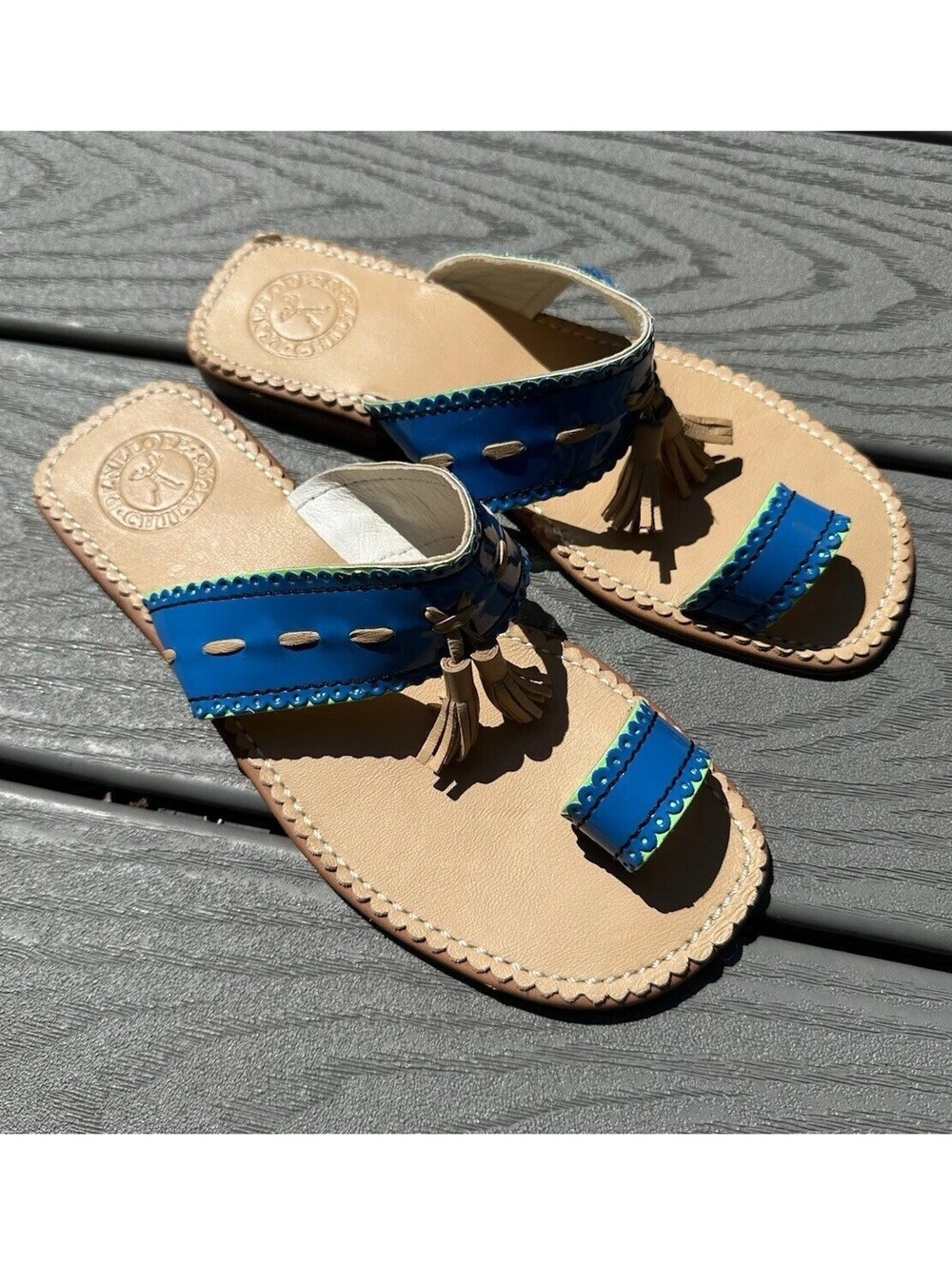 $125 Penelope Chilvers Hug Patent Leather Sandals Women's Sz 5 in Blue Tassel